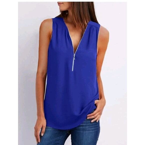 Women’s Blue Sleeveless V-Neck Zipper Jersey Tunic Top NWT Size Large - Picture 1 of 9